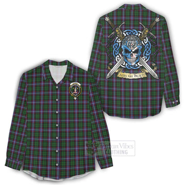 Russell Tartan Women's Casual Shirt with Family Crest Celtic Skull Style