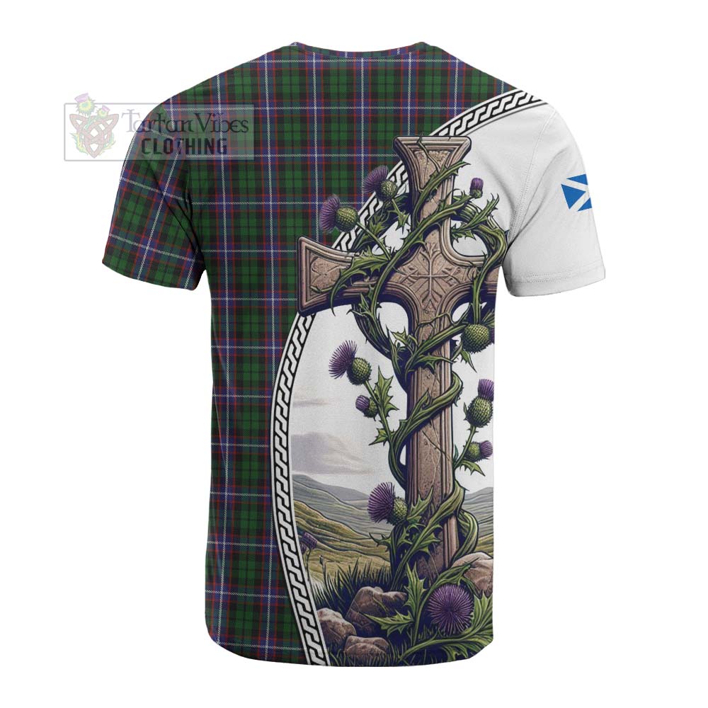 Tartan Vibes Clothing Russell Tartan Cotton T-shirt with Family Crest and St. Andrew's Cross Accented by Thistle Vines