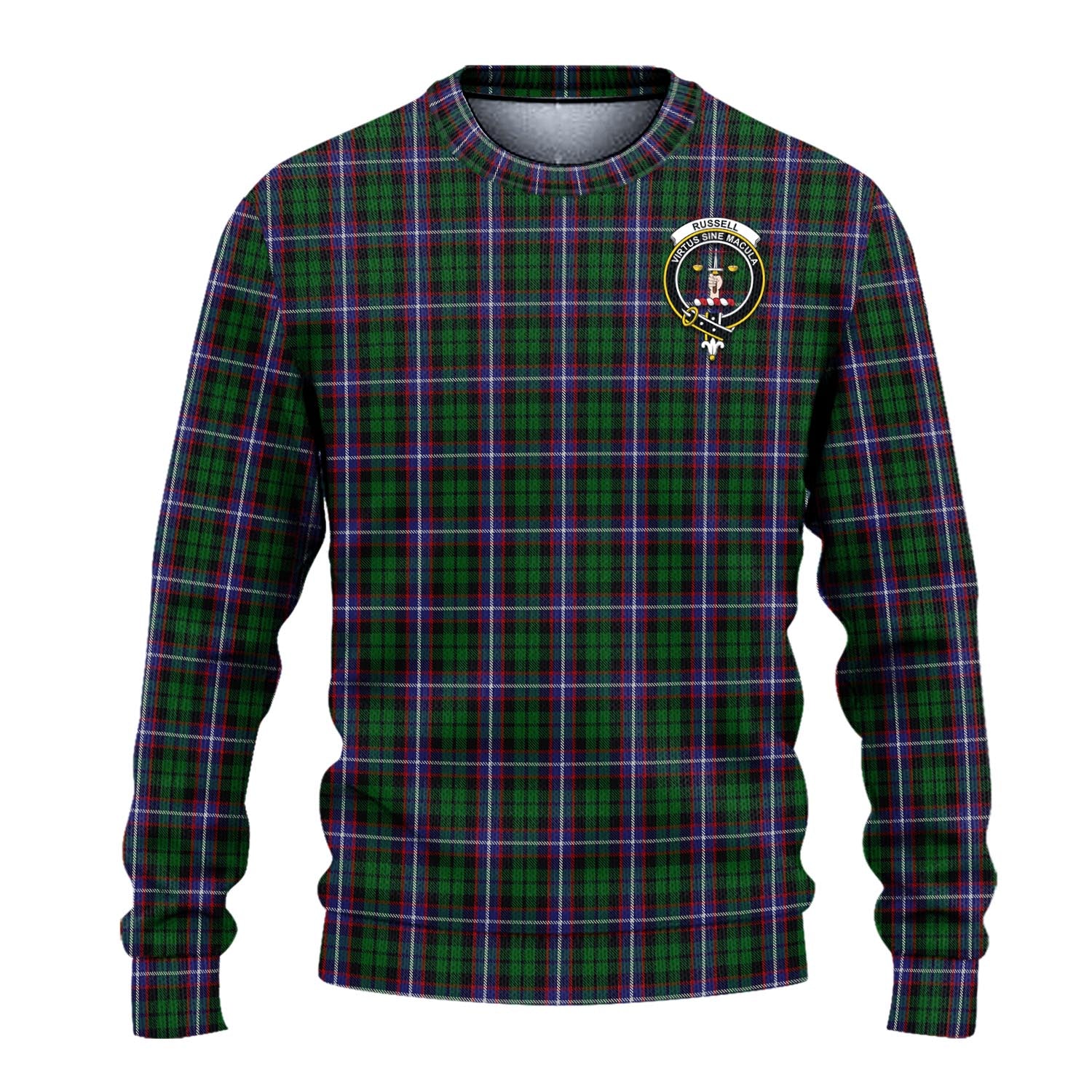 Russell Tartan Knitted Sweater with Family Crest - Tartanvibesclothing