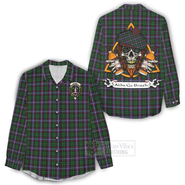 Russell Tartan Women's Casual Shirt with Family Crest and Bearded Skull Holding Bottles of Whiskey