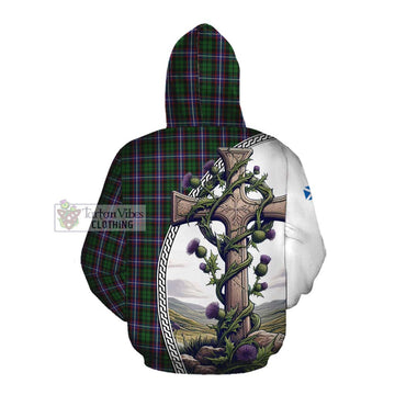 Russell Tartan Cotton Hoodie with Family Crest and St. Andrew's Cross Accented by Thistle Vines Pullover Hoodie - Tartan Vibes Clothing