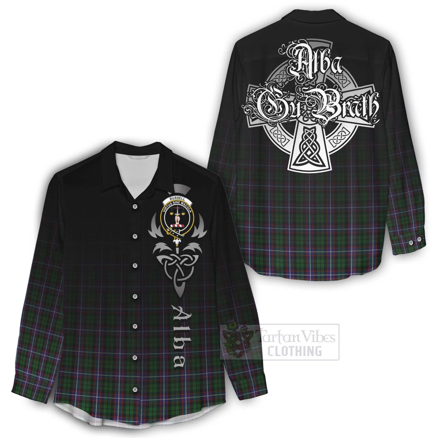 Tartan Vibes Clothing Russell Tartan Women's Casual Shirt Featuring Alba Gu Brath Family Crest Celtic Inspired