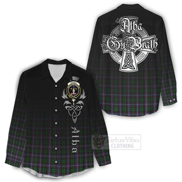 Russell Tartan Women's Casual Shirt Featuring Alba Gu Brath Family Crest Celtic Inspired