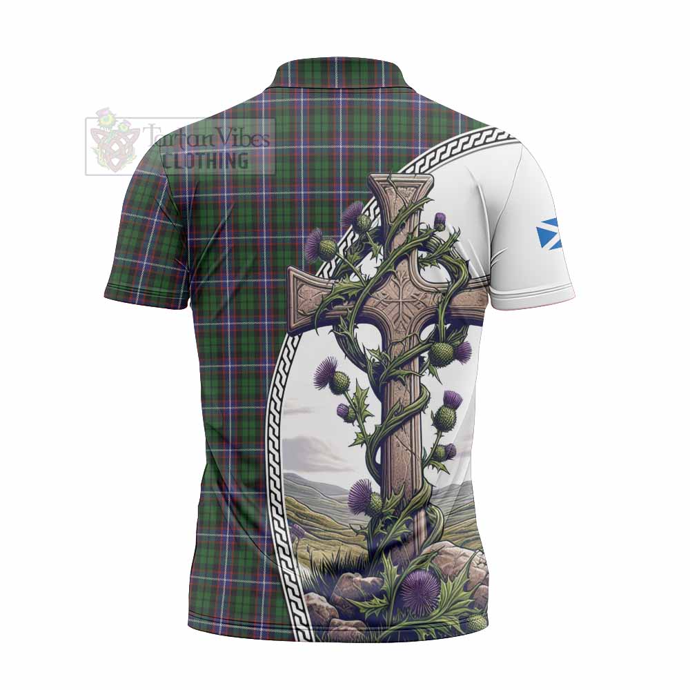 Tartan Vibes Clothing Russell Tartan Zipper Polo Shirt with Family Crest and St. Andrew's Cross Accented by Thistle Vines