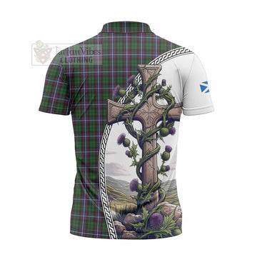 Russell Tartan Zipper Polo Shirt with Family Crest and St. Andrew's Cross Accented by Thistle Vines