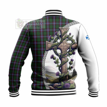 Russell Tartan Baseball Jacket with Family Crest and St. Andrew's Cross Accented by Thistle Vines