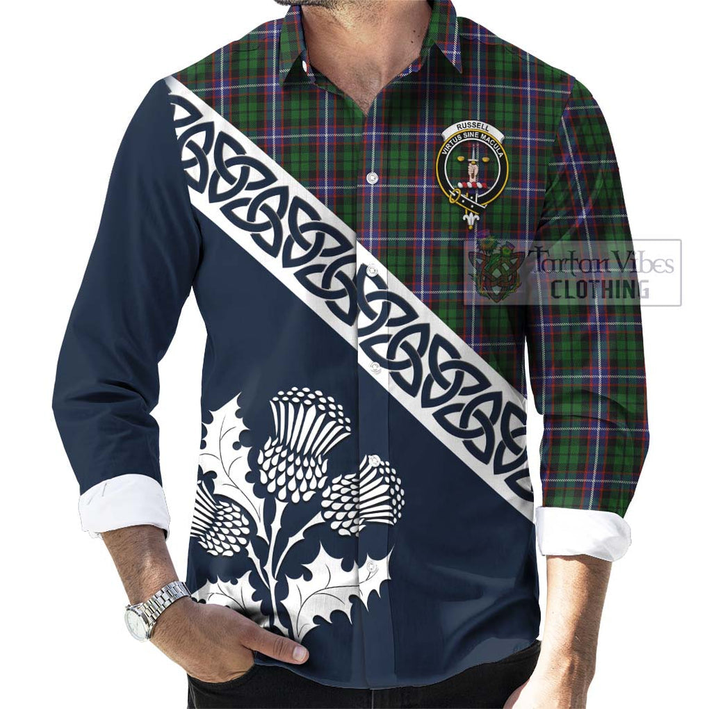Russell Tartan Long Sleeve Button Shirt Featuring Thistle and Scotland Map Men's Shirt - Tartan Vibes Clothing