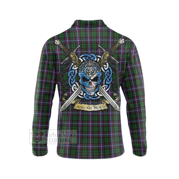 Russell Tartan Long Sleeve Polo Shirt with Family Crest Celtic Skull Style - Tartan Vibes Clothing