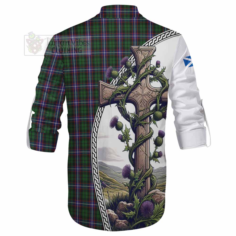 Tartan Vibes Clothing Russell Tartan Ghillie Kilt Shirt with Family Crest and St. Andrew's Cross Accented by Thistle Vines