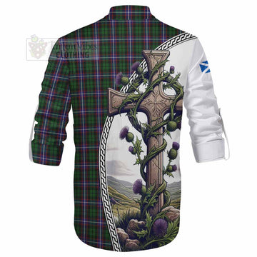 Russell Tartan Ghillie Kilt Shirt with Family Crest and St. Andrew's Cross Accented by Thistle Vines