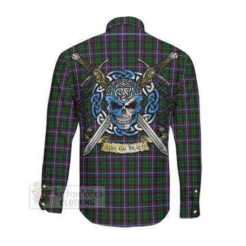 Russell Tartan Long Sleeve Button Shirt with Family Crest Celtic Skull Style