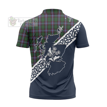 Russell Tartan Zipper Polo Shirt Featuring Thistle and Scotland Map - Tartanvibesclothing Store