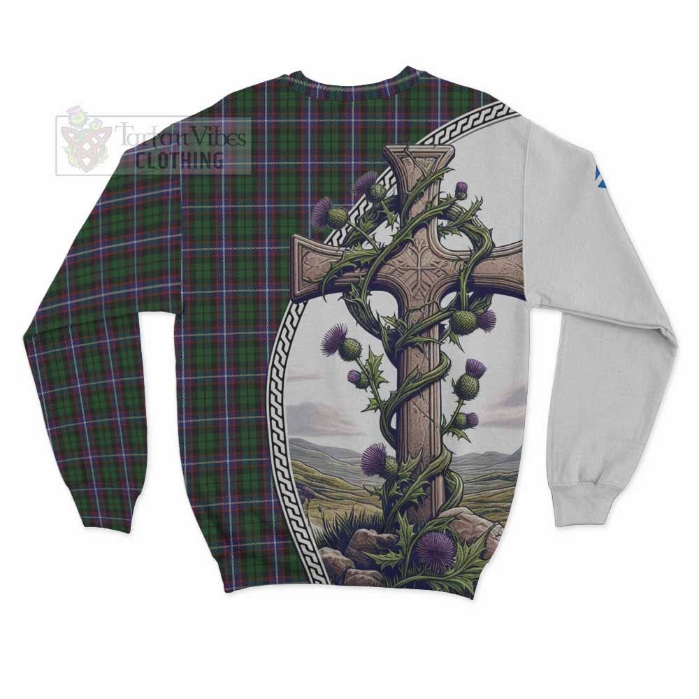 Tartan Vibes Clothing Russell Tartan Sweatshirt with Family Crest and St. Andrew's Cross Accented by Thistle Vines