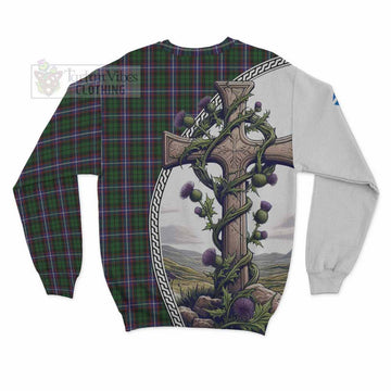 Russell Tartan Sweatshirt with Family Crest and St. Andrew's Cross Accented by Thistle Vines