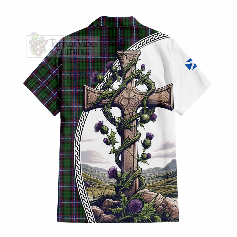 Tartan Vibes Clothing Russell Tartan Short Sleeve Button Shirt with Family Crest and St. Andrew's Cross Accented by Thistle Vines