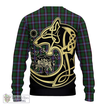 Russell Tartan Knitted Sweater with Family Crest Celtic Wolf Style
