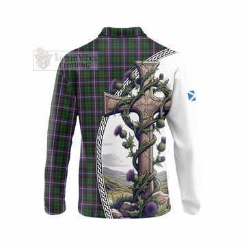 Russell Tartan Long Sleeve Polo Shirt with Family Crest and St. Andrew's Cross Accented by Thistle Vines