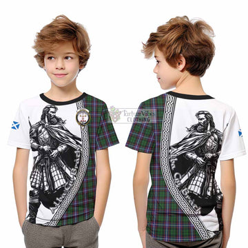 Russell Tartan Clan Crest Kid T-Shirt with Highlander Warrior Celtic Style