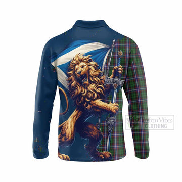 Russell Tartan Family Crest Long Sleeve Polo Shirt with Scottish Majestic Lion