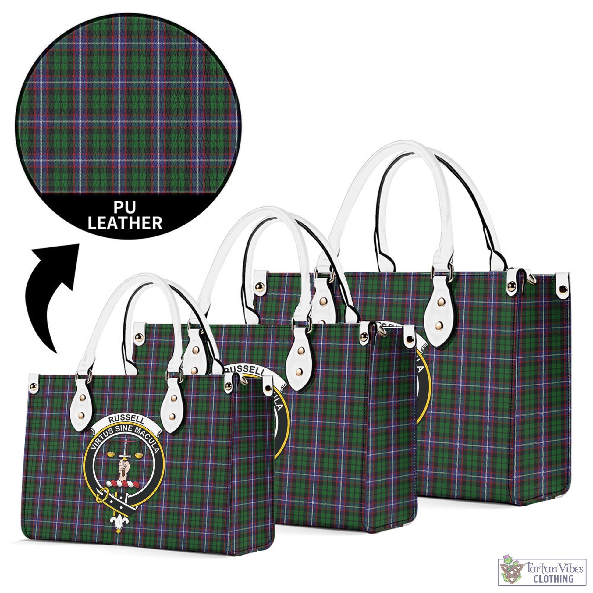 Tartan Vibes Clothing Russell Tartan Luxury Leather Handbags with Family Crest