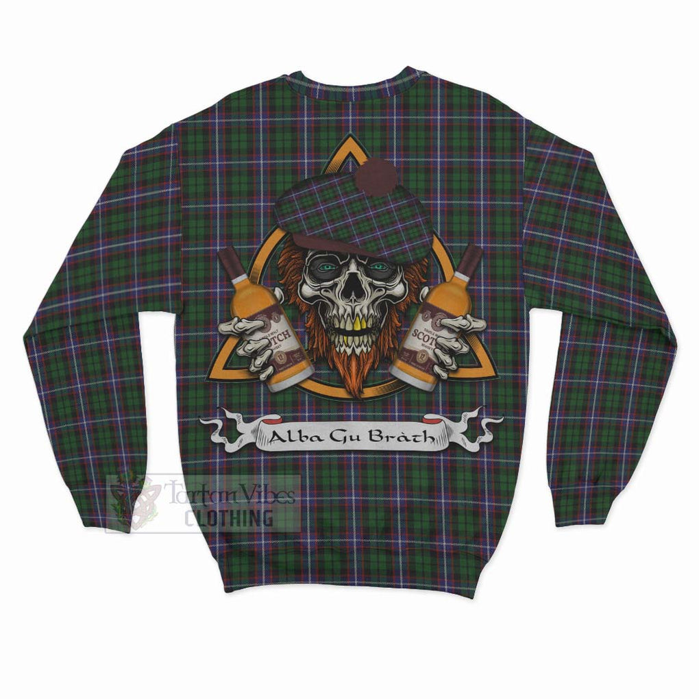 Tartan Vibes Clothing Russell Tartan Sweatshirt with Family Crest and Bearded Skull Holding Bottles of Whiskey