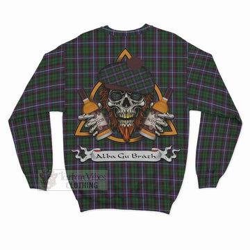 Russell Tartan Sweatshirt with Family Crest and Bearded Skull Holding Bottles of Whiskey