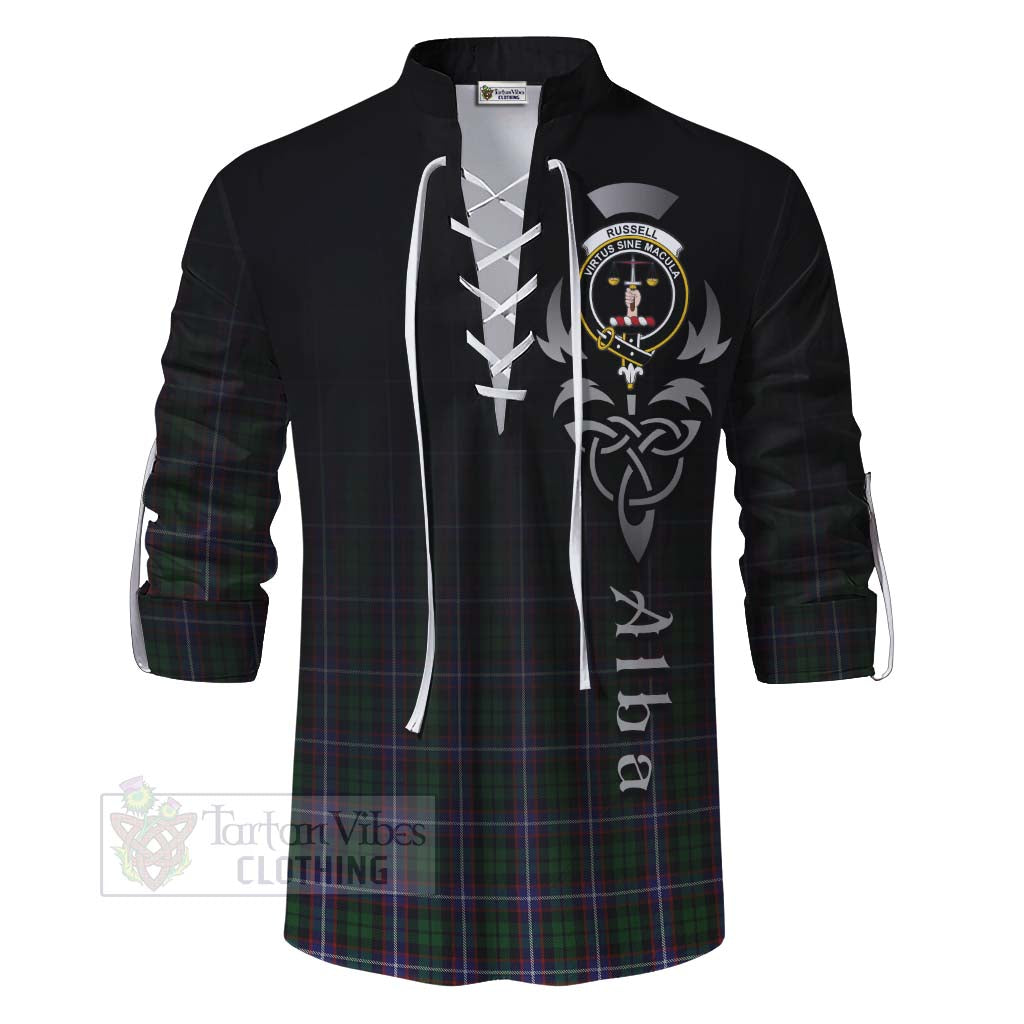 Tartan Vibes Clothing Russell Tartan Ghillie Kilt Shirt Featuring Alba Gu Brath Family Crest Celtic Inspired