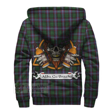 Russell Tartan Sherpa Hoodie with Family Crest and Bearded Skull Holding Bottles of Whiskey