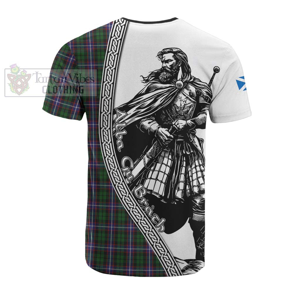 Russell Tartan Clan Crest Cotton T-shirt with Highlander Warrior Celtic Style