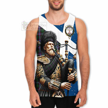 Russell Tartan Men's Tank Top with Family Crest Scottish Bagpiper Vibes