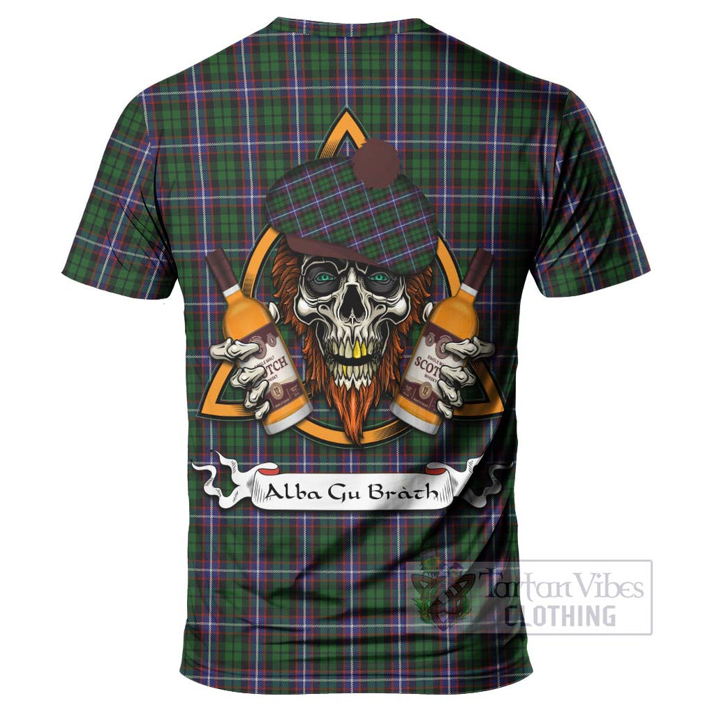 Tartan Vibes Clothing Russell Tartan T-Shirt with Family Crest and Bearded Skull Holding Bottles of Whiskey