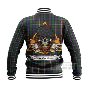 Russell Tartan Baseball Jacket with Family Crest and Bearded Skull Holding Bottles of Whiskey - Tartan Vibes Clothing