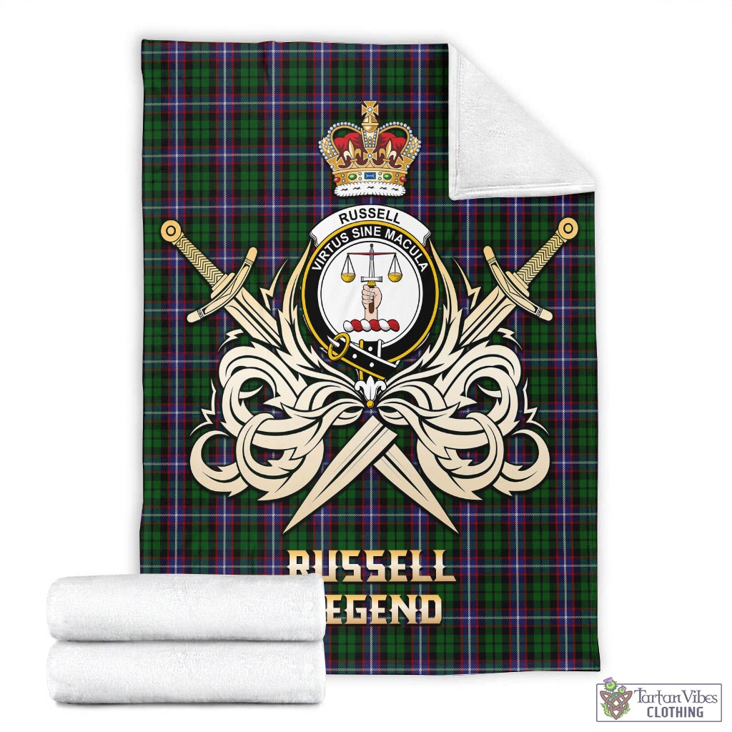 Tartan Vibes Clothing Russell Tartan Blanket with Clan Crest and the Golden Sword of Courageous Legacy