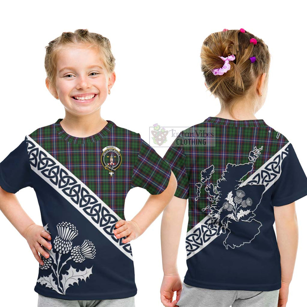 Tartan Vibes Clothing Russell Tartan Kid T-Shirt Featuring Thistle and Scotland Map