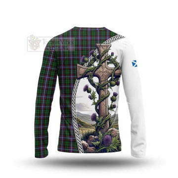 Russell Tartan Long Sleeve T-Shirt with Family Crest and St. Andrew's Cross Accented by Thistle Vines