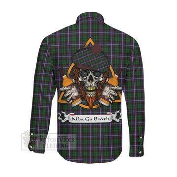 Russell Tartan Long Sleeve Button Shirt with Family Crest and Bearded Skull Holding Bottles of Whiskey