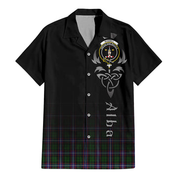 Russell Tartan Short Sleeve Button Up Featuring Alba Gu Brath Family Crest Celtic Inspired