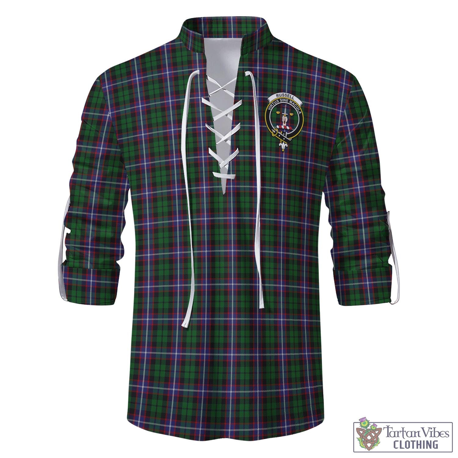 Tartan Vibes Clothing Russell Tartan Men's Scottish Traditional Jacobite Ghillie Kilt Shirt with Family Crest