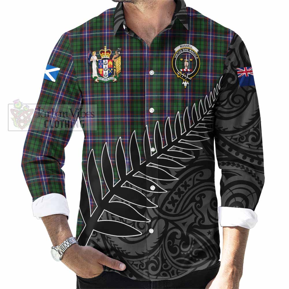 Tartan Vibes Clothing Russell Crest Tartan Long Sleeve Button Shirt with New Zealand Silver Fern Half Style