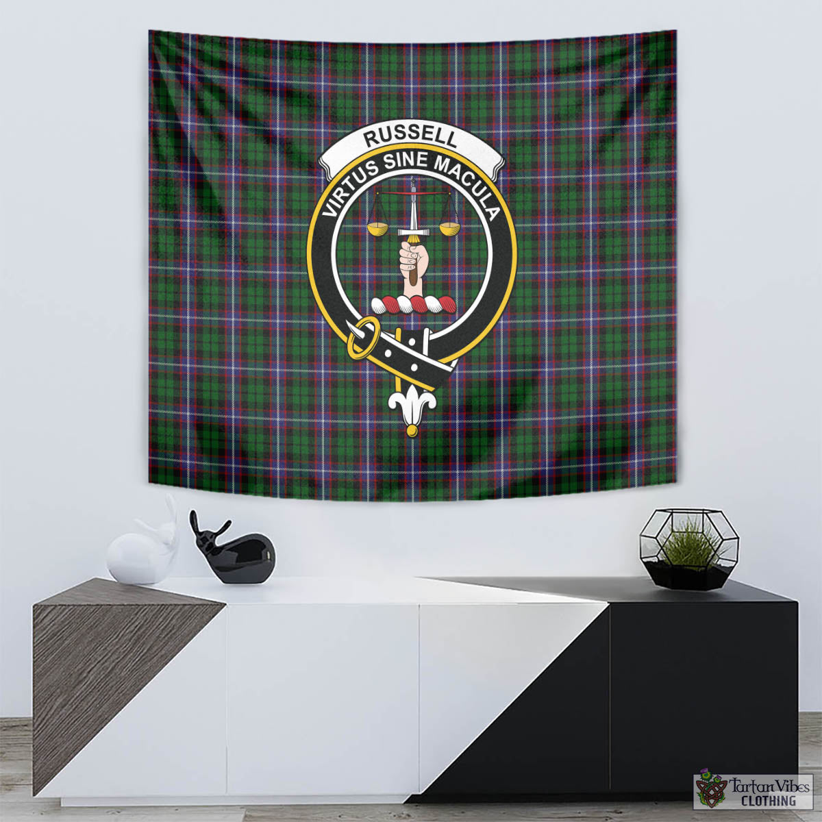 Tartan Vibes Clothing Russell Tartan Tapestry Wall Hanging and Home Decor for Room with Family Crest