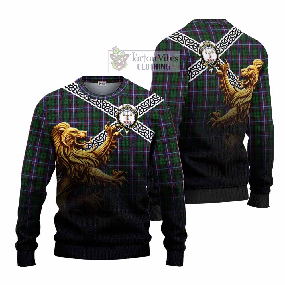 Russell Crest Tartan Knitted Sweater with Golden Lion Emblem Celtic Style - Tartan Vibes Clothing