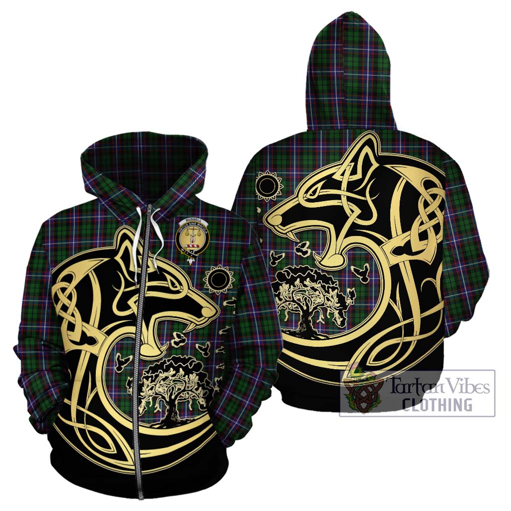 Tartan Vibes Clothing Russell Tartan Hoodie with Family Crest Celtic Wolf Style