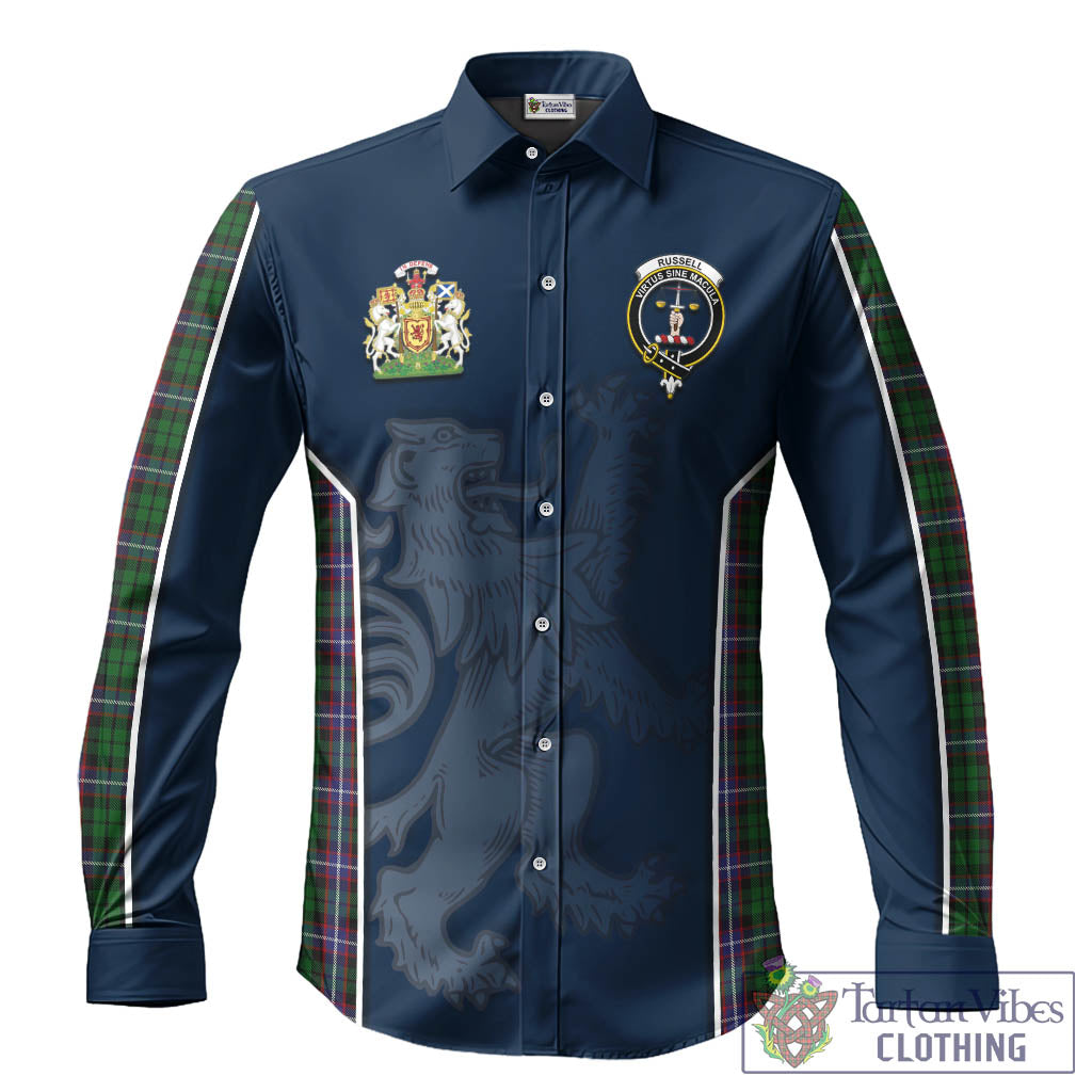Russell Tartan Long Sleeve Button Up Shirt with Family Crest and Lion Rampant Vibes Sport Style