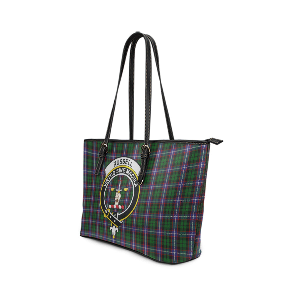 Russell Tartan Leather Tote Bag with Family Crest - Tartan Vibes Clothing