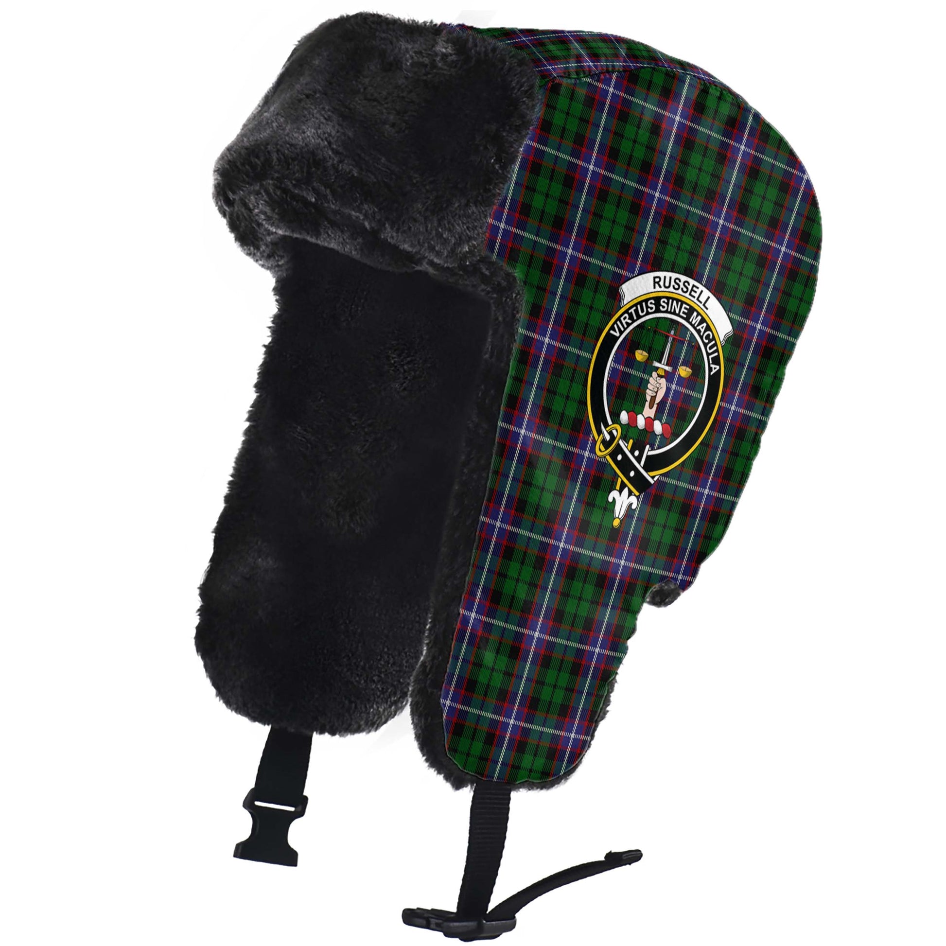Russell Tartan Winter Trapper Hat with Family Crest - Tartanvibesclothing