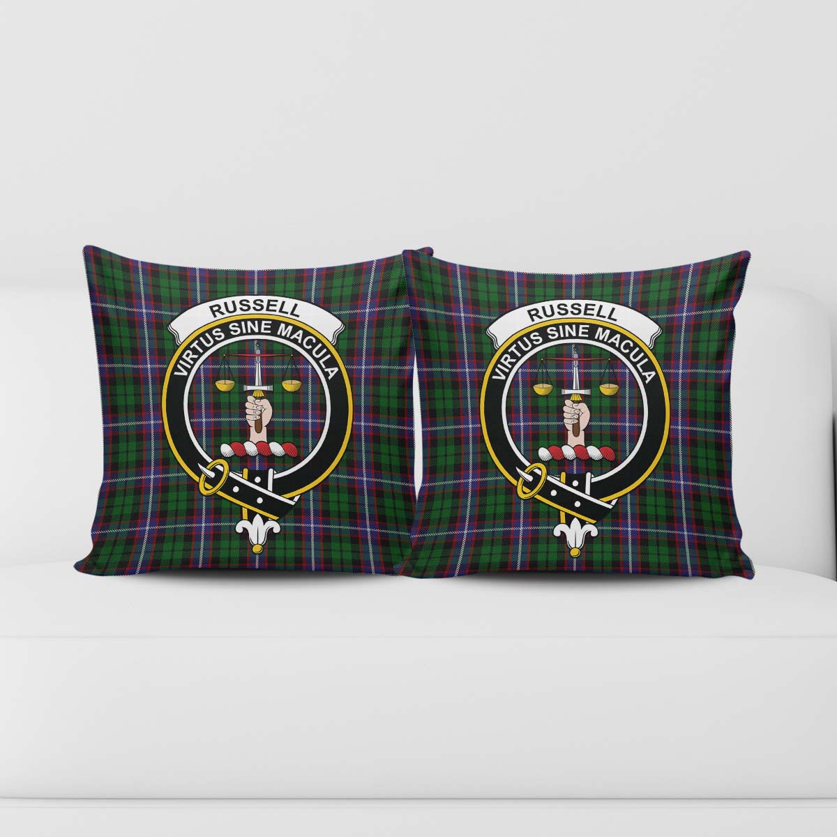 Russell Tartan Pillow Cover with Family Crest - Tartanvibesclothing