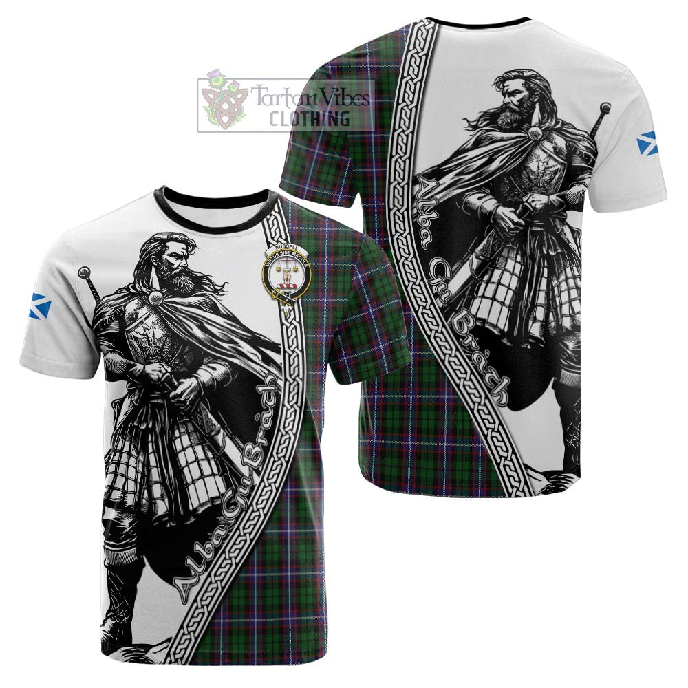 Russell Tartan Clan Crest Cotton T-shirt with Highlander Warrior Celtic Style