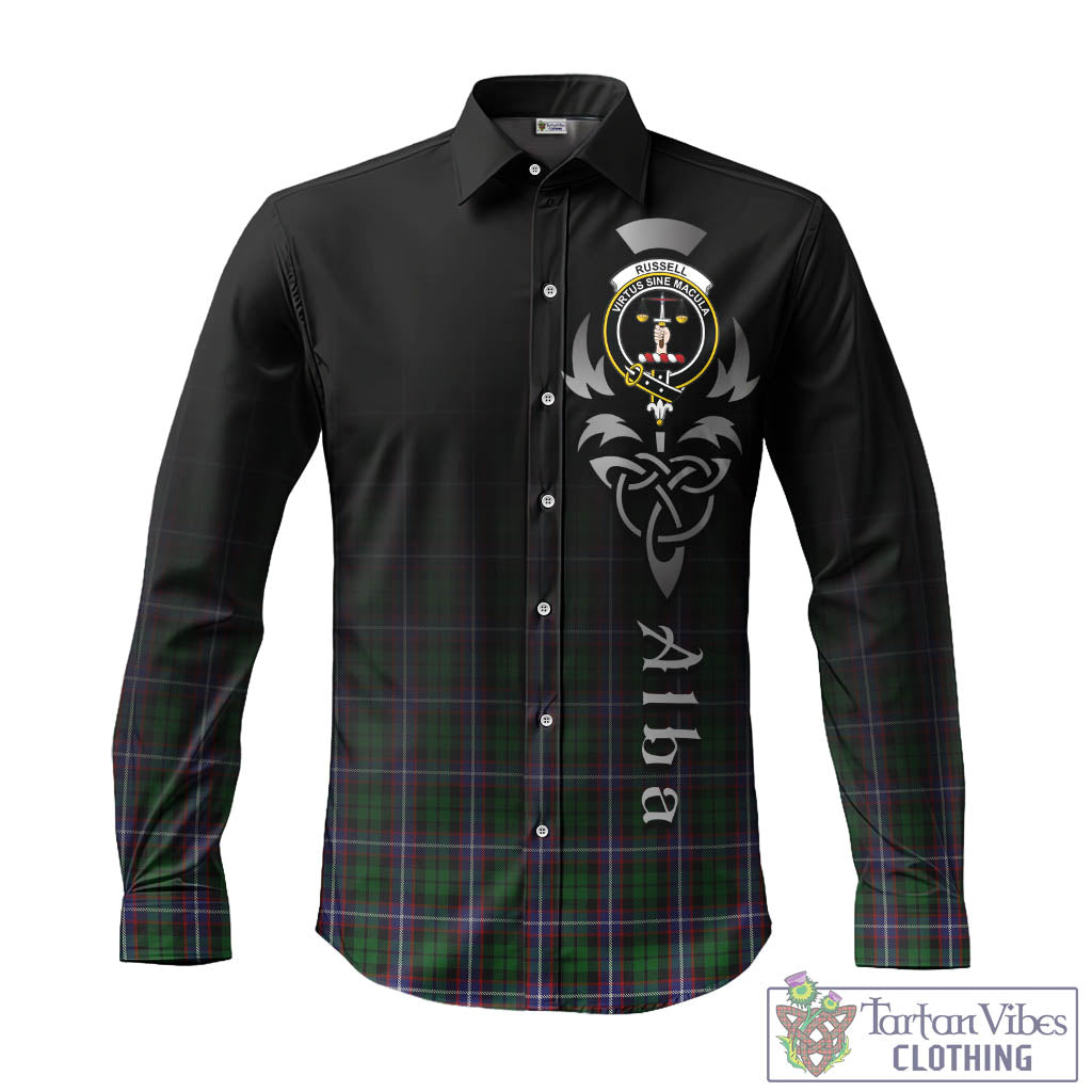 Tartan Vibes Clothing Russell Tartan Long Sleeve Button Up Featuring Alba Gu Brath Family Crest Celtic Inspired