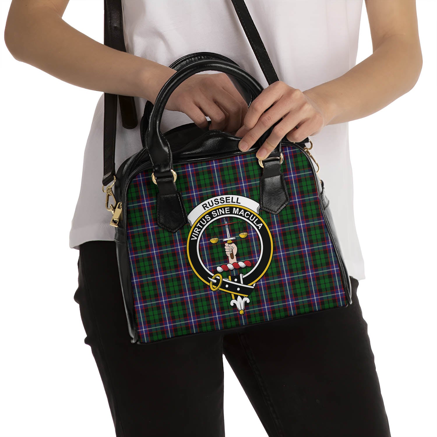 Russell Tartan Shoulder Handbags with Family Crest - Tartanvibesclothing