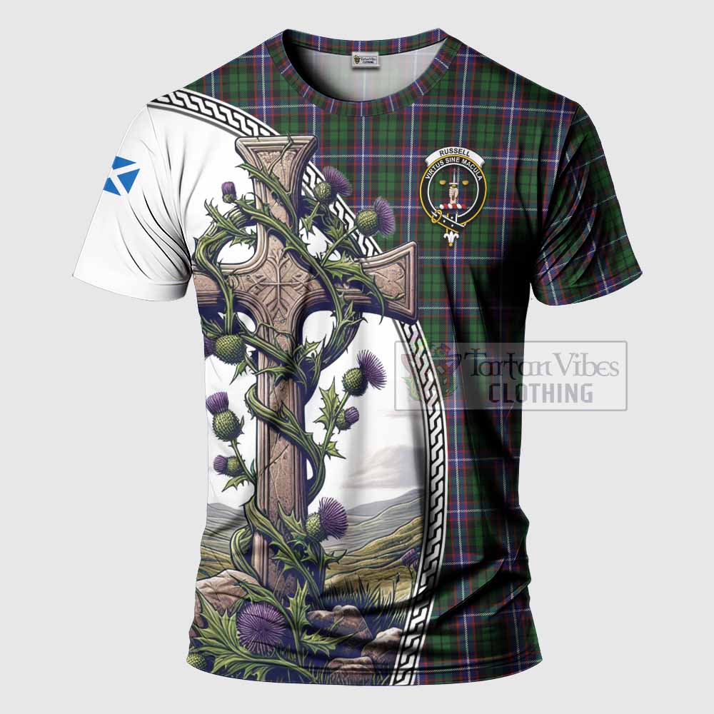 Tartan Vibes Clothing Russell Agnew Tartan T-Shirt with Family Crest and St. Andrew's Cross Accented by Thistle Vines